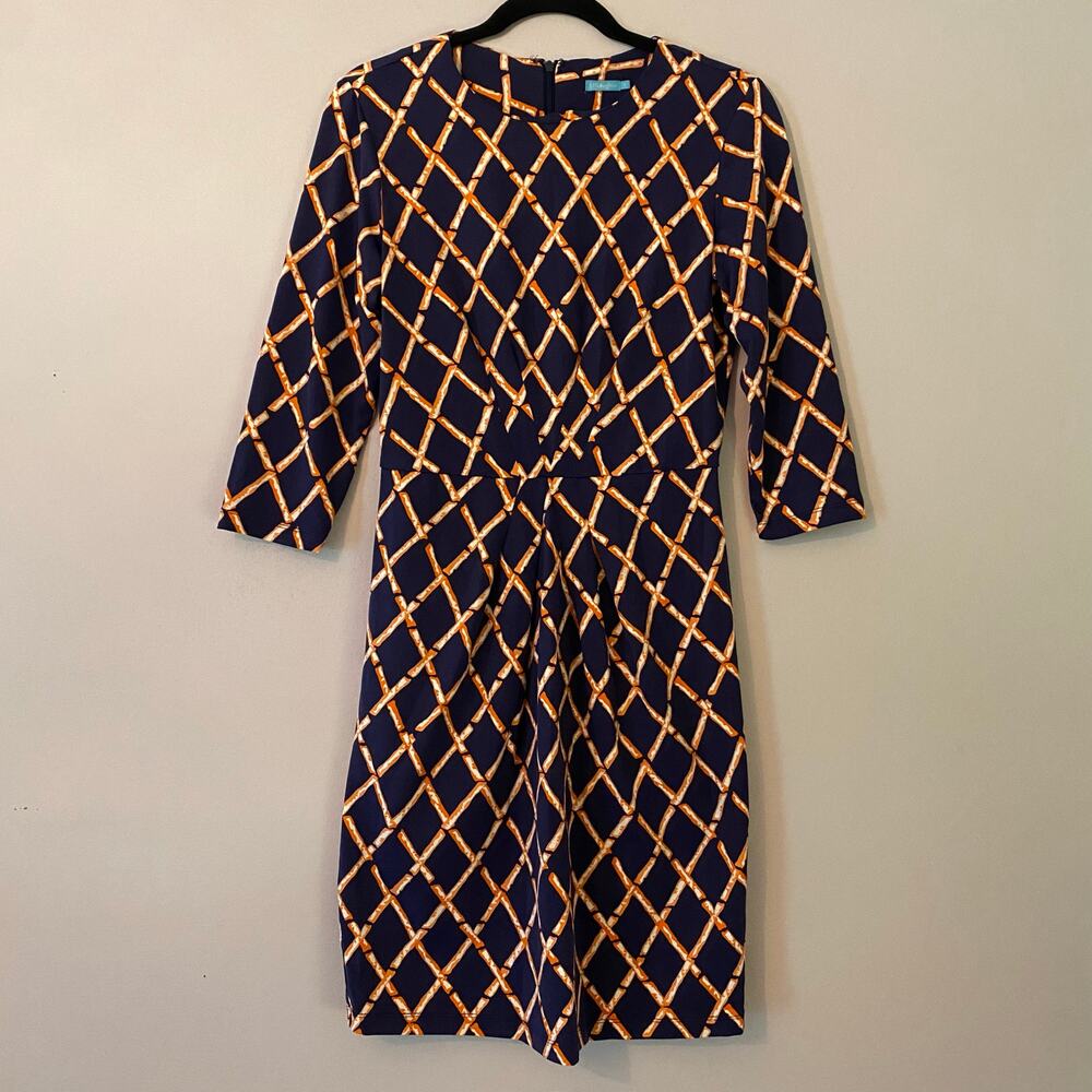 J. McLaughlin Navy Blue Orange Geometric Catalina Cloth Knee Length Dress Small
